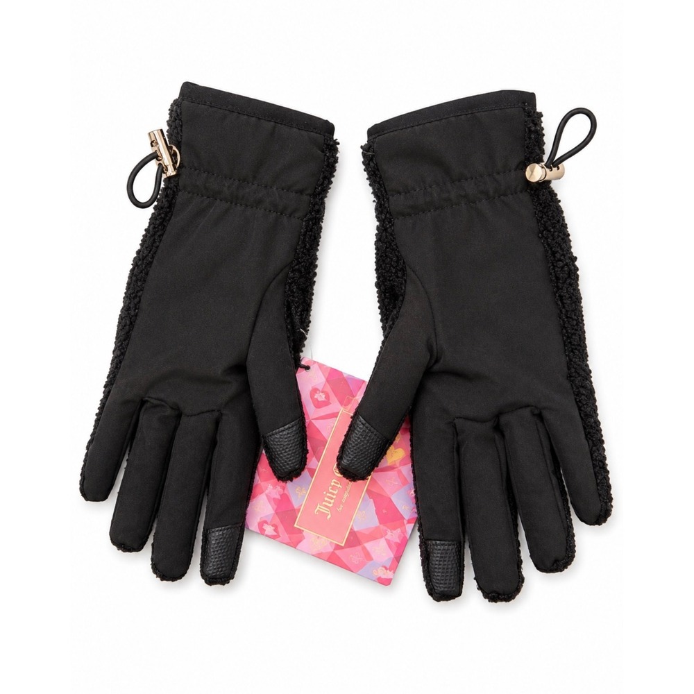 Juicy Couture Sherpa Tech Gloves Womens One Size Black NEW Faux Shearling Gold - Picture 2 of 3